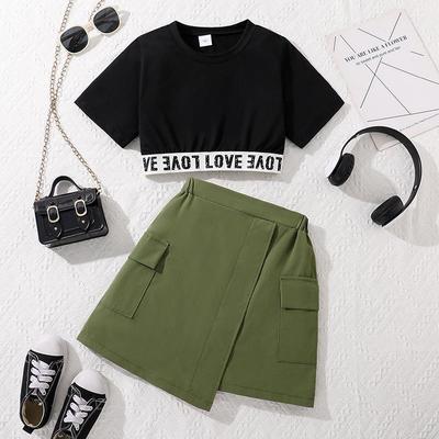 2025 Summer Girls' Skirt & T-Shirt Set: Korean Workwear Style with Pocket and Letter Detail