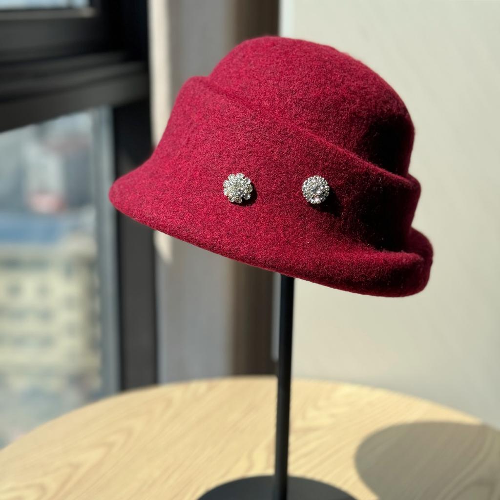 Ny Höst och Vinter Elegant Hög Hatt Dam Ull Strass Fiskarhatt Brittisk Retro All Match Varm Ryttarhatt