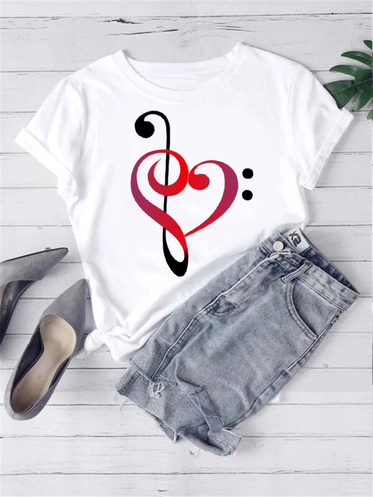 T-shirt Mode Femme Imprimé Notes de Musique T-shirt Décontracté Hauts Noirs Années 90 Dames Filles T-shirt FeUnisex Harajuku T-shirt Graphique