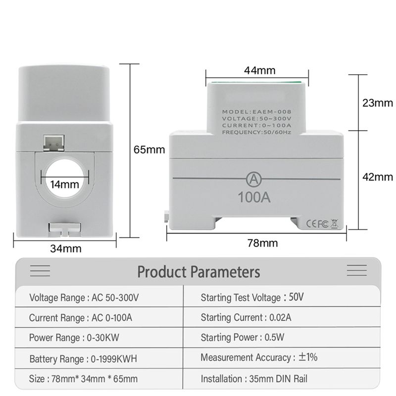 AEE4-4IN1 Din Rail AC Monitor AC50-300V 100A Voltage Current Watt KWH Power Digital Energy Meter Voltmeter Ammeter Wattmeter