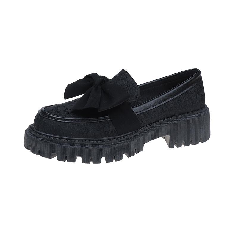

Модные туфли-лоферы с бантом женские 2024 весна и осень новые на толстой подошве на среднем каблуке ленивый британский стиль ретро маленькие кожаные туфли 37