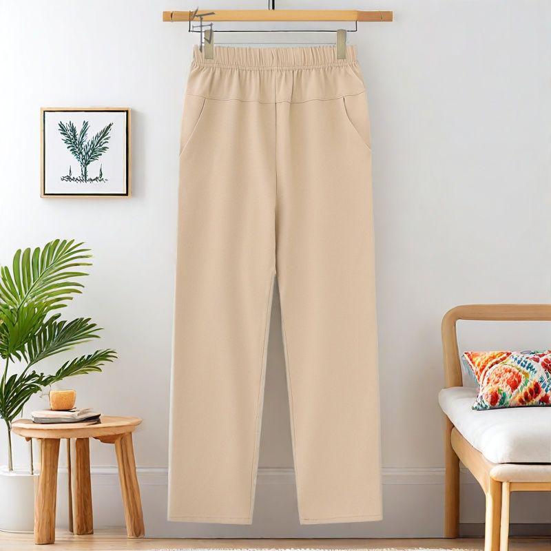 New Style High-Waisted Summer Cropped Mom Pants - Elastic Waist, Straight Leg, with Pockets for Middle-Aged and Elderly