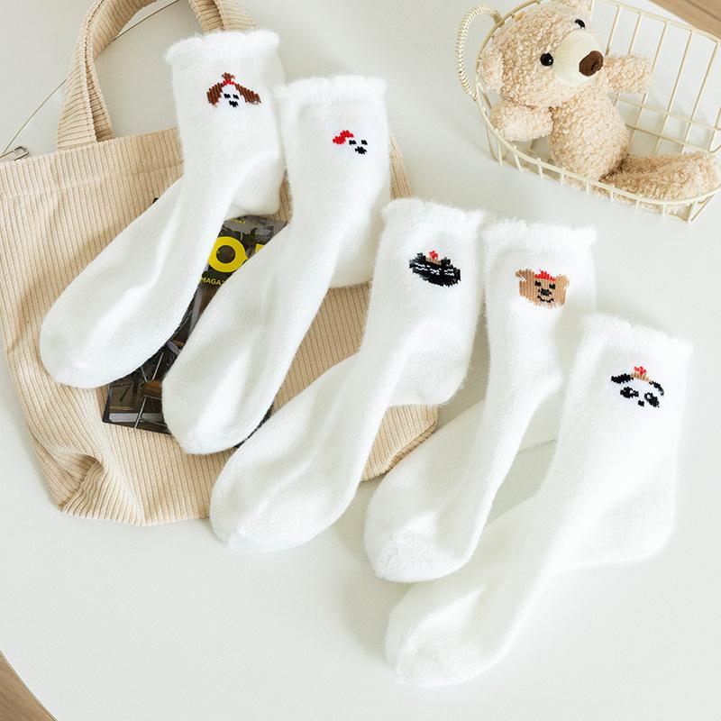 Cute Cartoon Mink Fur Socks for Children, White Mid-calf Socks, Thick and Warm Winter and Autumn Home Sleeping Socks