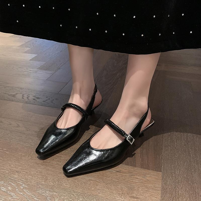 2025 Summer Sexy Pointed Toe Women's High Heels Trendy Sling-Heel PU Sandals Fashionable Pleated Shallow Mouth Office Slippers