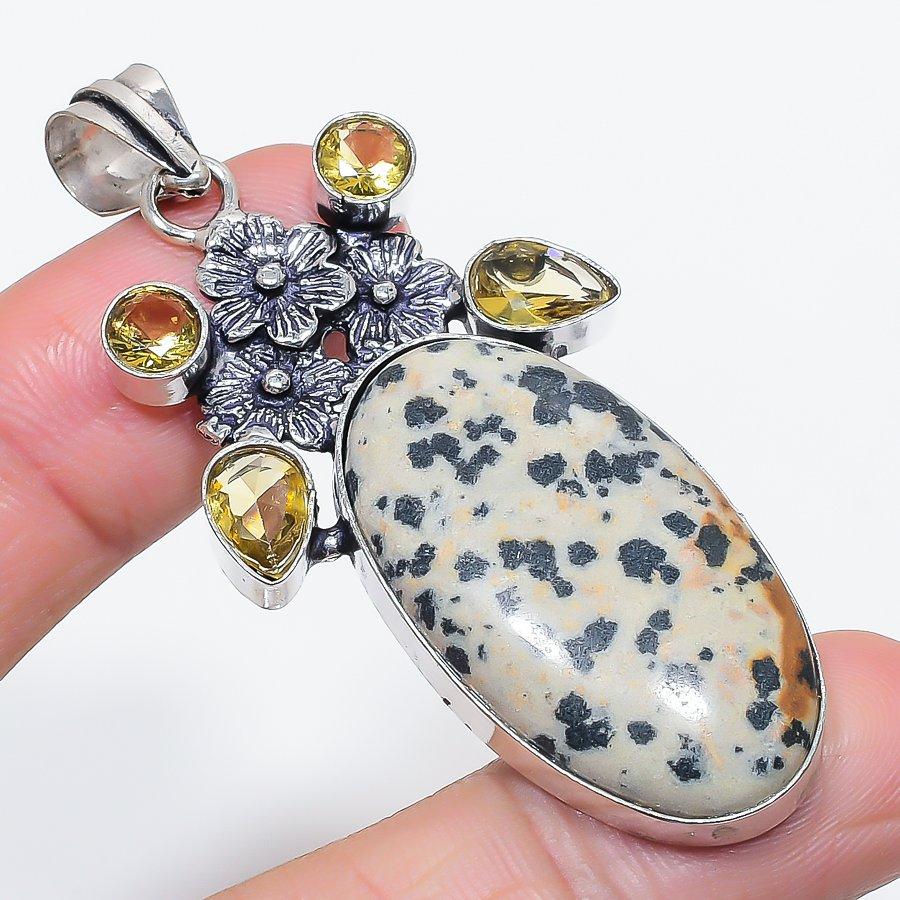 Natural Dalmation Jasper, Citrine 925 Sterling Silver Jewelry Pendant 2.56" N7c26