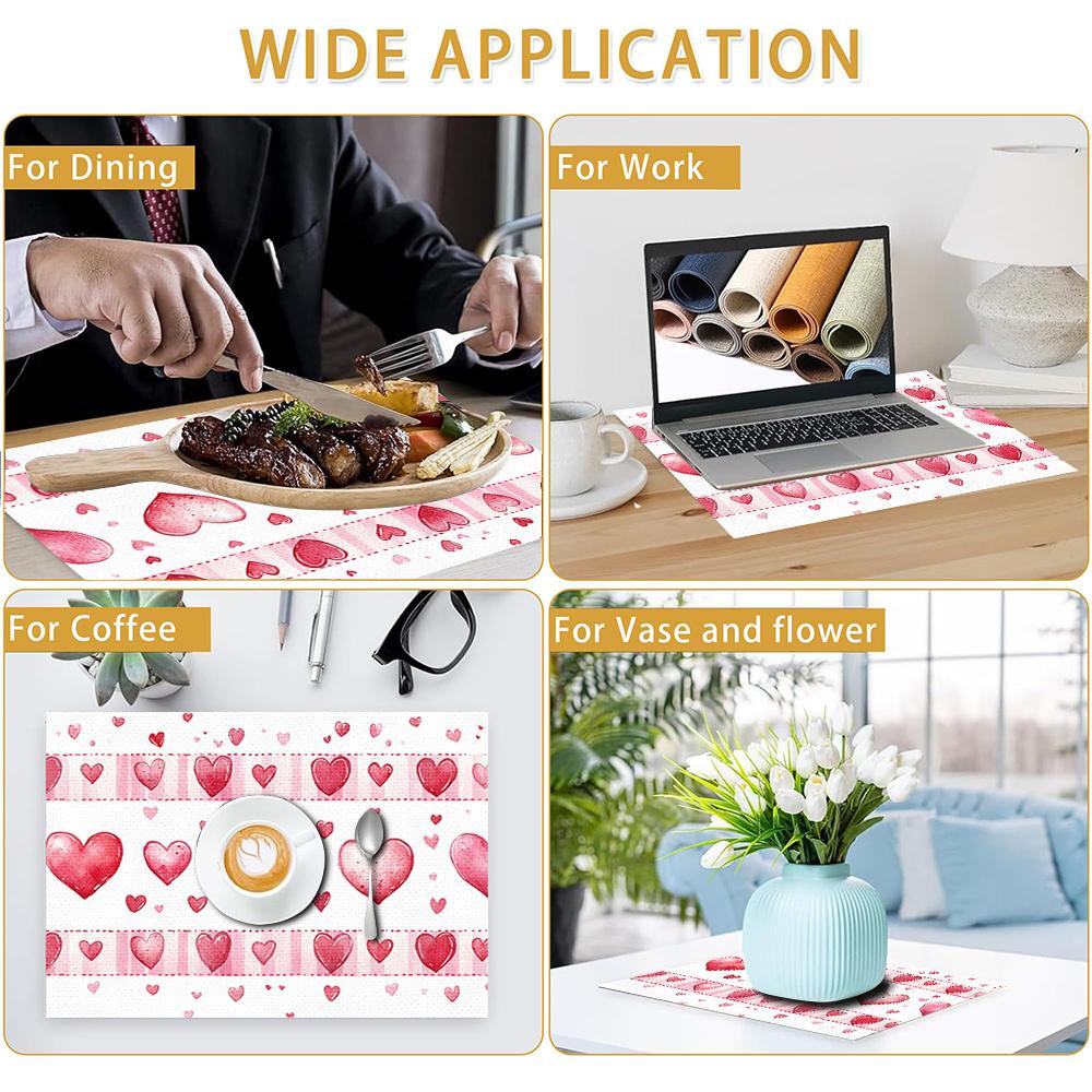 1set/1pc/4pcs/6pcs Valentine'S Day Heart-Shaped Printed Placemats | Polyester, Heat-Insulating, Suitable for Home Decoration, Festival Dining