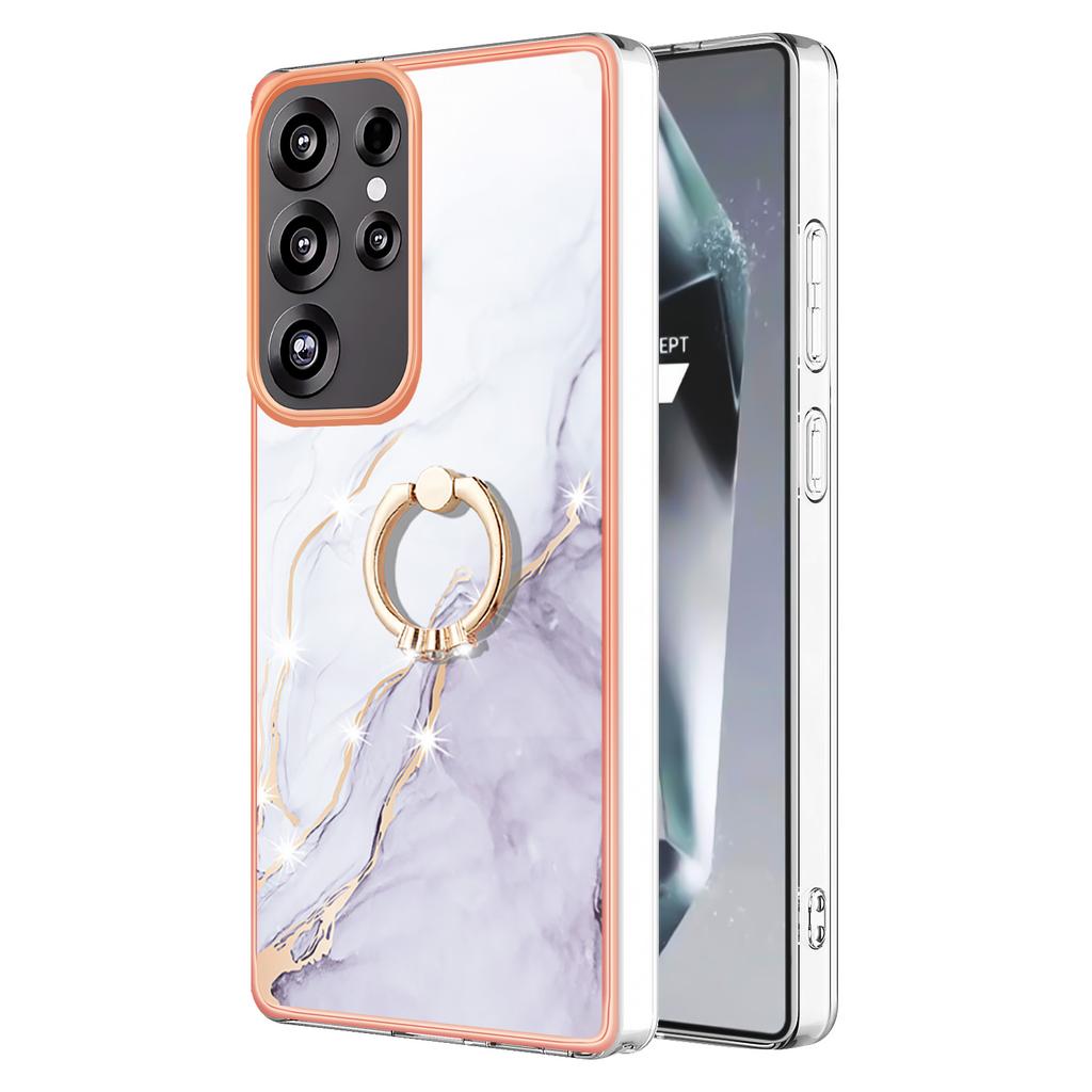 For Samsung Galaxy S25 Ultra Case with Ring Kickstand Marble Pattern Electroplating TPU Back Cover