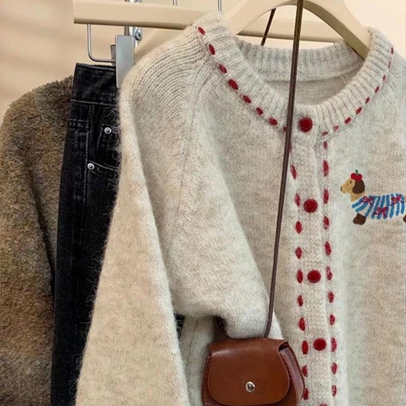 

Retro Thick Knit Cardigan: Crew Neck Sweater Coat for Autumn/Winter 2025 S 80-110cm
