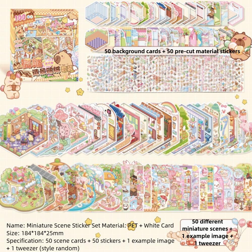 50 In 1 Miniature Scene Landscape Stickers Diy Pet 3D House Stickers Scene Collection Visual Stacking Cartoon