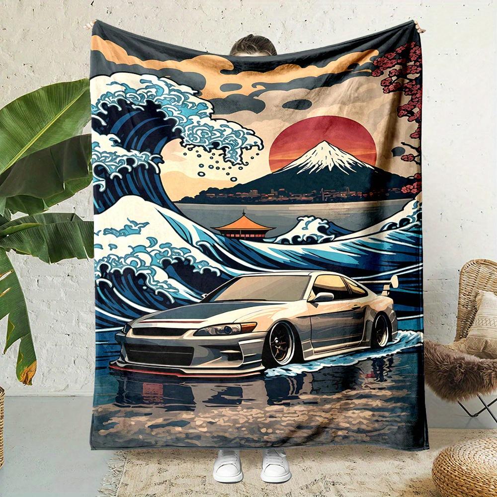 

Japanese Sun Wave Car Print Blanket Reversible Flannel for Drift Comfort Anime Style Gifts Urban Zen Decor 75x100cm