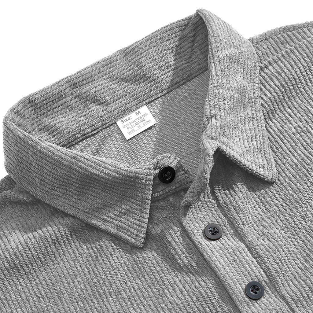 Autumn Winter Men Waffle Rib Knit Polo Shirts Contrast Suede Elbow Patches Lapel Collar Button Placket Vintage Long Sleeve Corduroy Textured Tops
