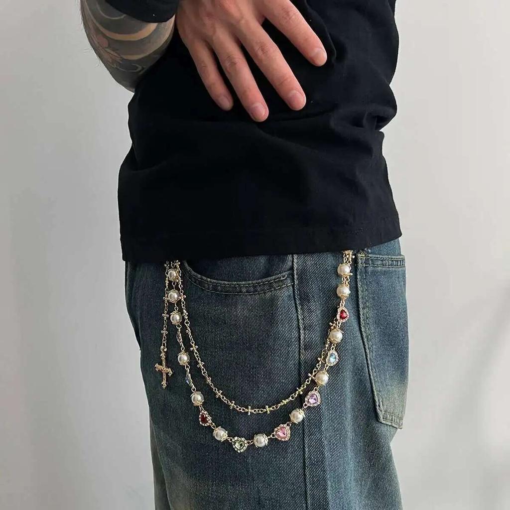 KunJoe Punk Herzförmige Strass Imitation Perle Jeans Hosenkette Herren Damen Hip Hop Kreuz Anhänger Hosenkette Schlüsselanhänger