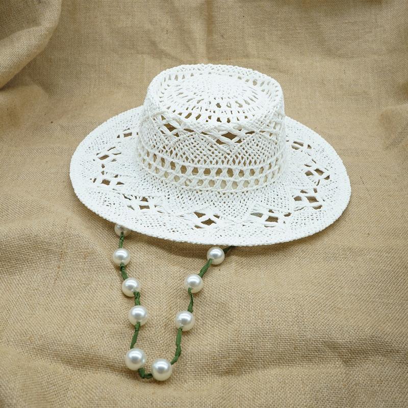 Japan Japanese French Retro Hollow Flower White Flat Top Top Hat Women'S Summer Sunshade Vacation Beach Straw Hat Outing