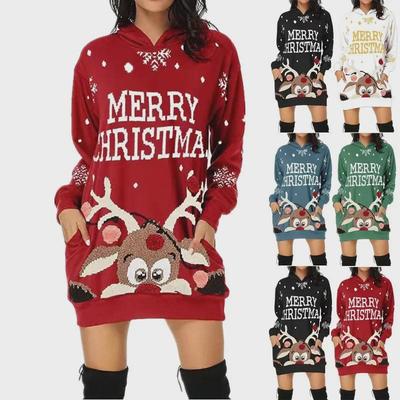 Herbst 2021 Damen Kapuzenpulloverkleid mit Weihnachts-Elch-Druck