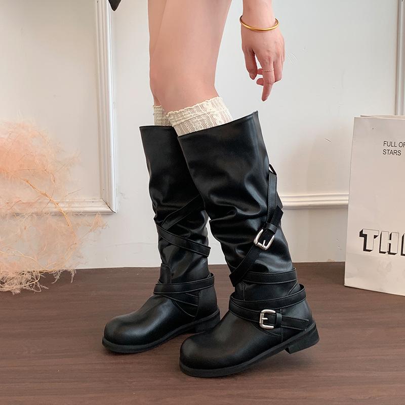 Black leather buckle stack knight boots women's new medium tube flat bottom western boots retro old design boots