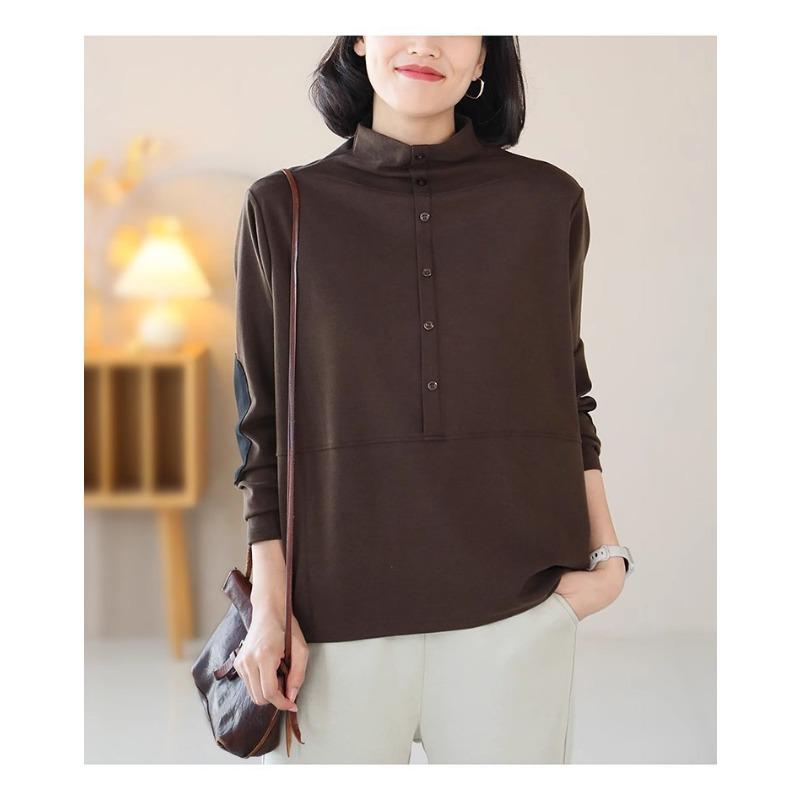 

Women s Mock Neck Half Button Long Sleeve Top Loose Casual Elbow Patch Blouse Pullover Top L коричневий