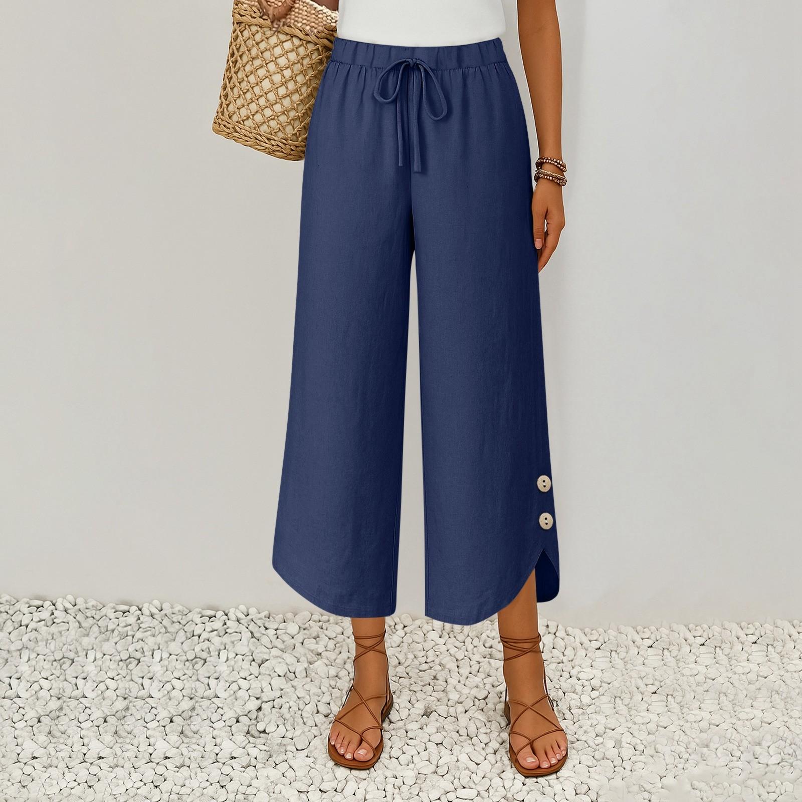 

Women s Fashionable Color Cotton And Linen Drawstring Elastic Waist Pocket Nine Point Casual Pants L тёмно-синий