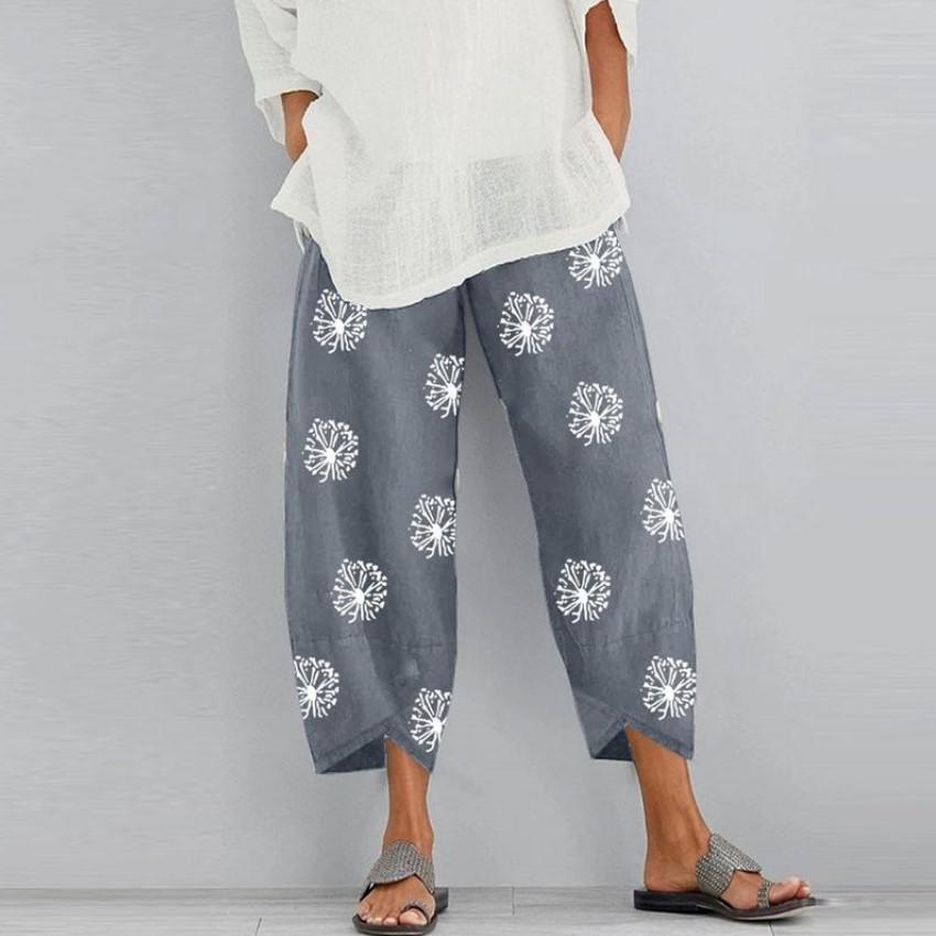 Women's Cotton Linen Elastic Waist Print Wide-Leg Pants - Loose Casual Nine-Point Style