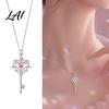 Key Pendant Necklace for Women Magic Necklace Pink Cubic Zirconia Heart Sparkling Rhinestone Sweet Fairy Jewelry Girls Versatile Alloy Chain
