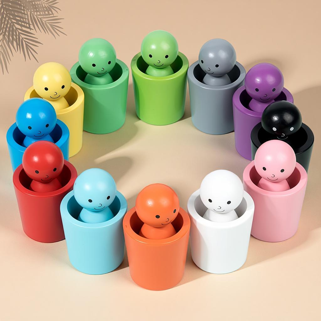 A 24pcs Wooden Sorting Cup Set in a Colorful Box, Featuring Cute Wooden Figurines for Educational Play. Enhances Observation and Hands-on Skills