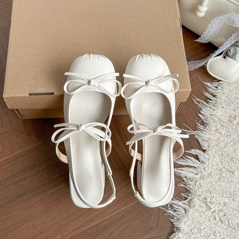 Silver Baotou Premium Mary Jane Sandals Thick Heel Bow Fairy Style French Pleated Single Shoes High Heel Sandals