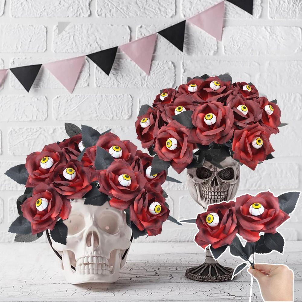 10Pcs Funny Halloween Eyeball Rose Simulation Scary Eyeball Fake Flower Party Decor Artificial Rose Flower Pography Props