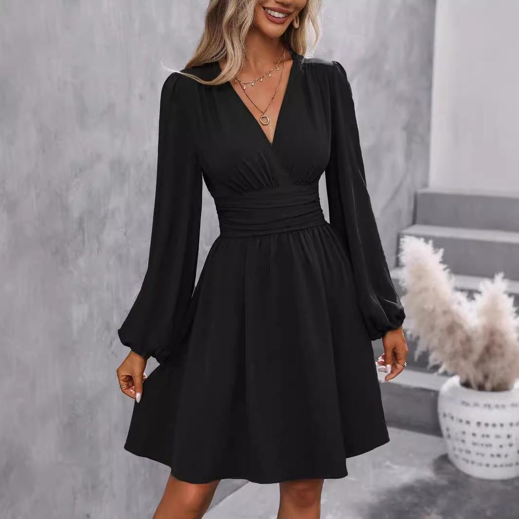 Spring Summer Women's Dress Solid Color Chest Wrapping V-Neck Lantern Sleeve Dress Women's Clothing