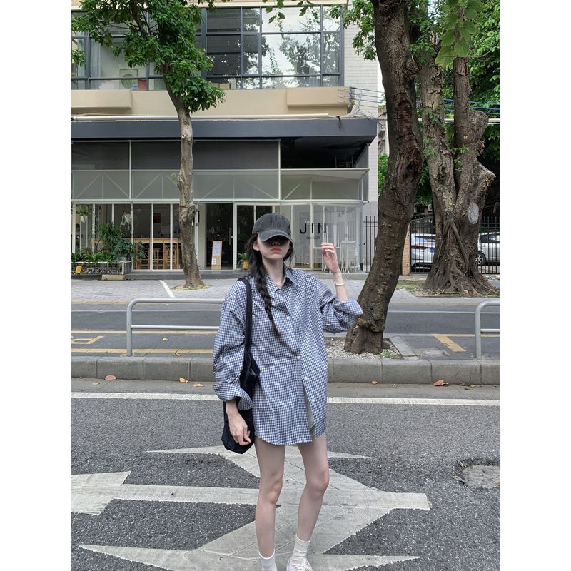 

Kumikumi Idle Style Blue and White Plaid Long Sleeves Sun Protection Shirt Women Autumn Loose Slimming and All-Matching Elegant Tops Blue and White grid L