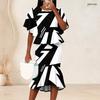 Women Plus Size Two Piece Set Round Neck Batwing Short Sleeve Printed Ruffle Top Fishtail Skirt Black