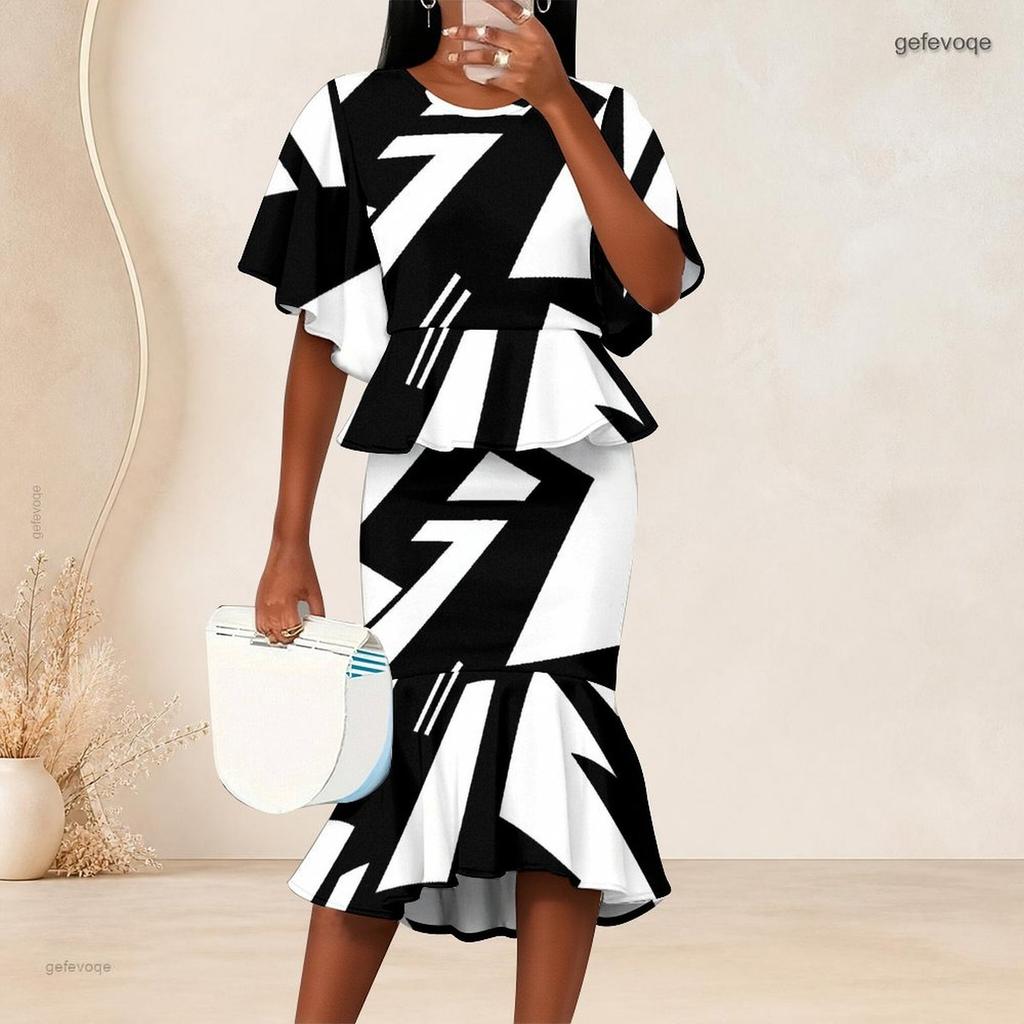 Women Plus Size Two Piece Set Round Neck Batwing Short Sleeve Printed Ruffle Top Fishtail Skirt Black