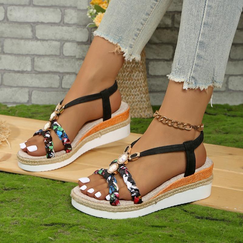 New Fashion Versatile Comfortable Bohemian Sandals Women's Rhinestone Open-toed Women's Wedge Heel Platform Sandals