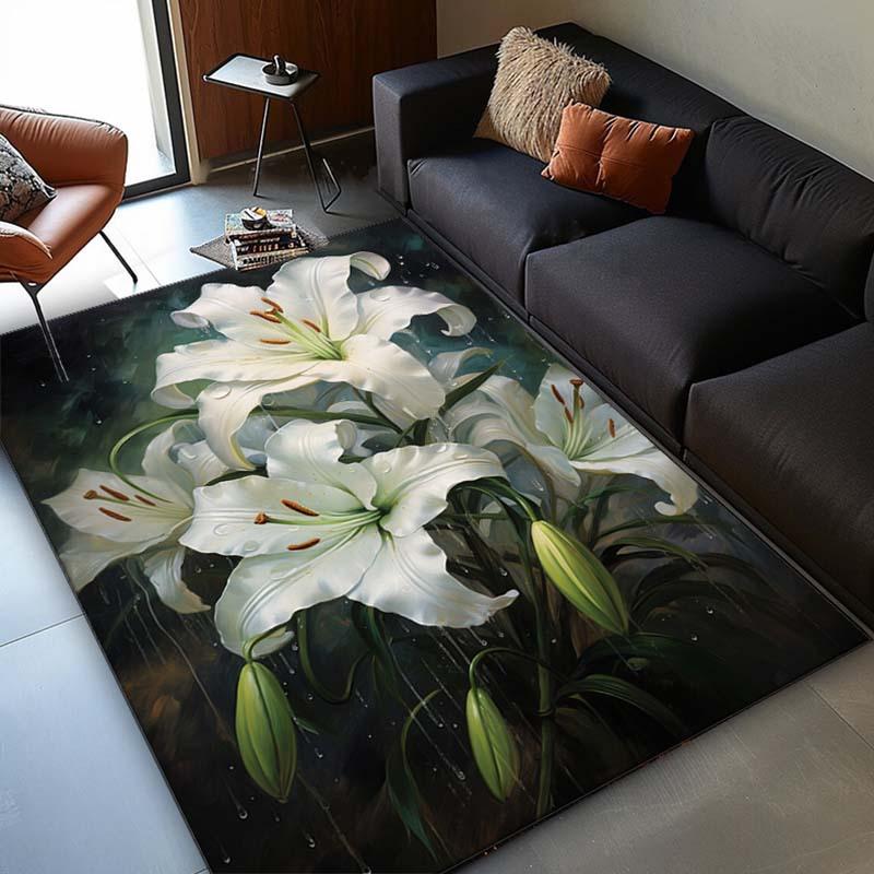 Elegant White Lily Rug for Living Room DecorFloral Area Rugs, Home Interior Design Ideas Anti slip carpet can be machine washed