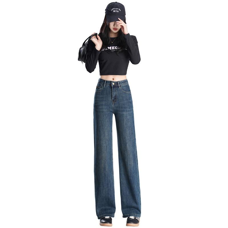 Retro Narrow Edition Wide Leg Jeans Autumn Winter High-waisted Slimming Straight Leg Jeans Stretch Embroidered Jeans