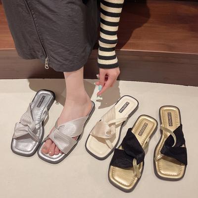Women's Flat Sandals Anti-Slip Slides with Comfort Soft Cross Straps Square Open Toe Sandals Summer Dress Shoes for Women PU Leather Beach Slippers