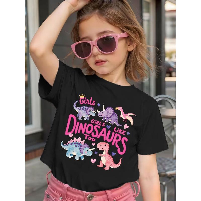 Girls Crewneck Short Sleeve Summer Tee, Cute Dinosaur & Pink Crown Cartoon Print 110