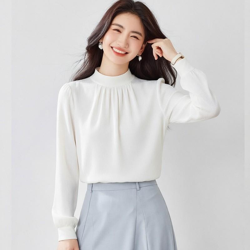 Elegant French Style Beige Chiffon Blouse Women Loose Fit Long Sleeve Shirt With Flattering Cut
