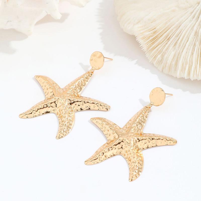Vintage Gold Color Starfish Pendant Earrings for Women Fashion Metal Five Pointed Star Earrings Seaside Vacation Jewelry Gift