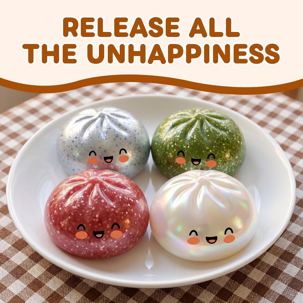 Glitter Dumpling Squishy with Steamer Box, Stress Relief Squeeze Fidget Toy, Glitter Mystery Dumpling Relaxation Toy for Adults, 5 Color Options