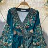 New Light Luxury Green Flower Wrap Dresses Women V-neck Lantern Sleeve High Waist Lace-up Vintage High End Court Long Dress