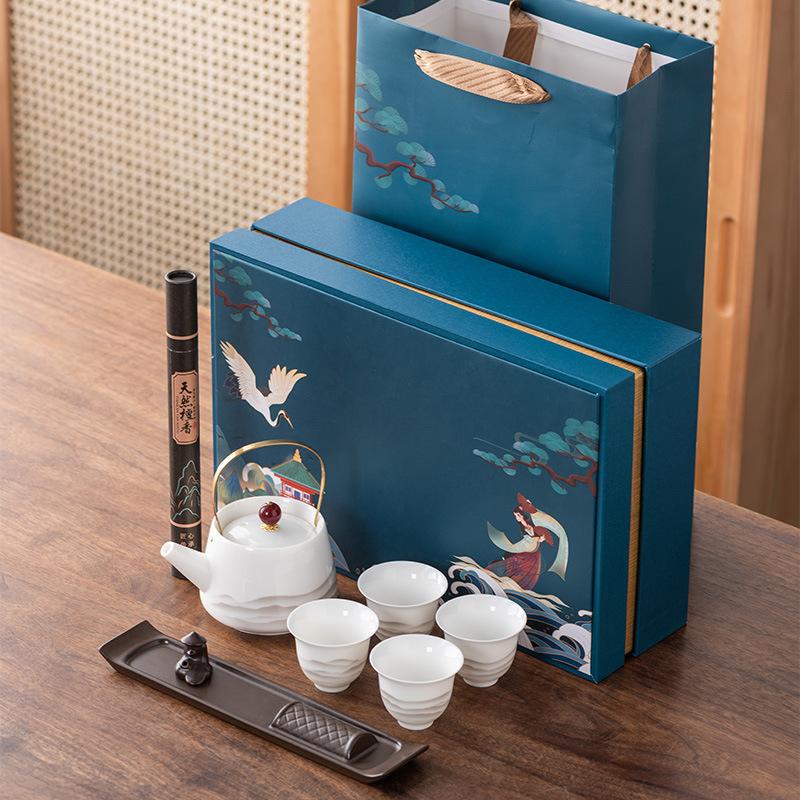 

Suet jade porcelain lifting beam pot Guochao creative enamel color one pot four cups high-end gift box light luxury business gift set