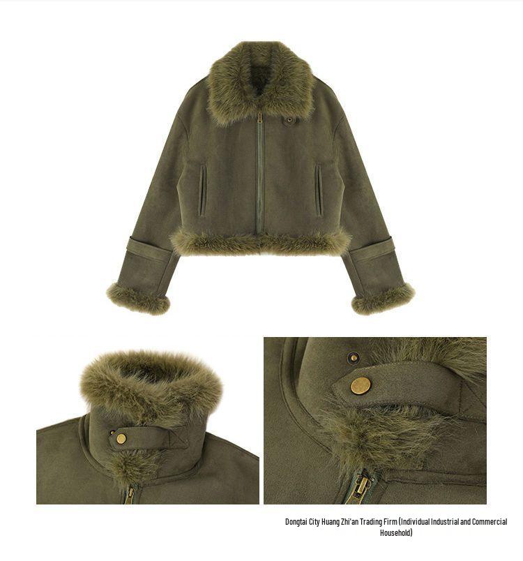Women's 2025 Spring Shearling Suede Short Motorcycle Jacket - Slimming Korean Style