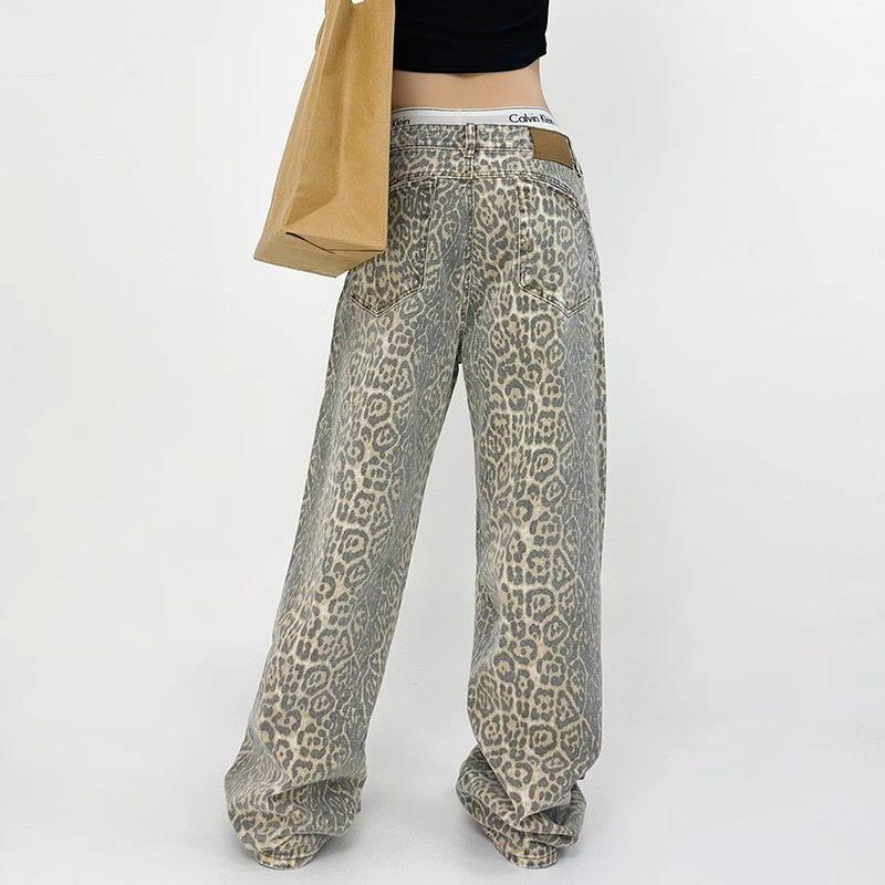 Retro Leopard High Waist Baggy Jeans Women's Casual Pockets Hip-hop Pants Spring Y2K Oversiz Panther Denim Trouser