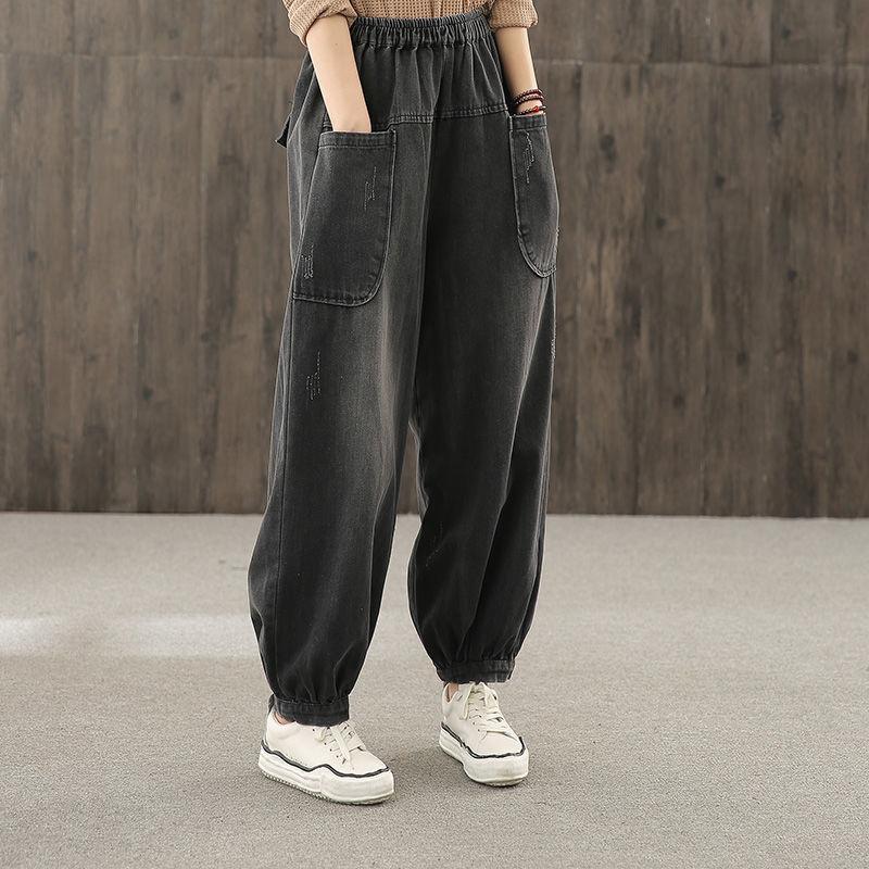 

Женские укороченные брюки из денима прямого кроя большого размера на весну и осень с большим карманом и высокой талией, широкие брюки 2XL