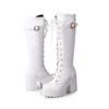 New Style Hot Sale Spring Autumn Lacing Knee High Boots Women Fashion White Square Heel Woman Leather Shoes Winter Large Size 43