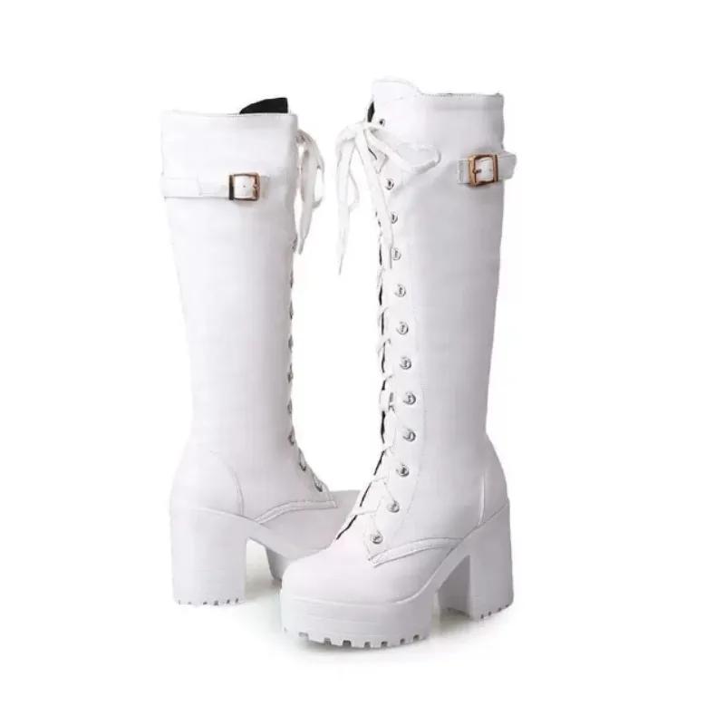 New Style Hot Sale Spring Autumn Lacing Knee High Boots Women Fashion White Square Heel Woman Leather Shoes Winter Large Size 43