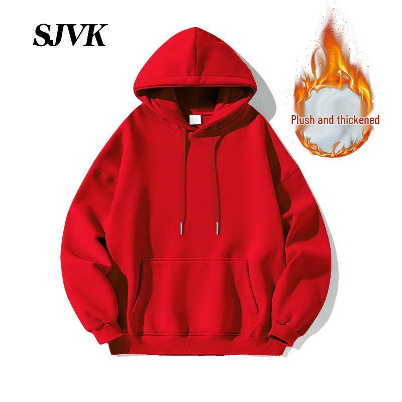 Men s Wine Red Plus Velvet Hooded Sweatshirt - Casual Loose Autumn/Winter Outerwear L