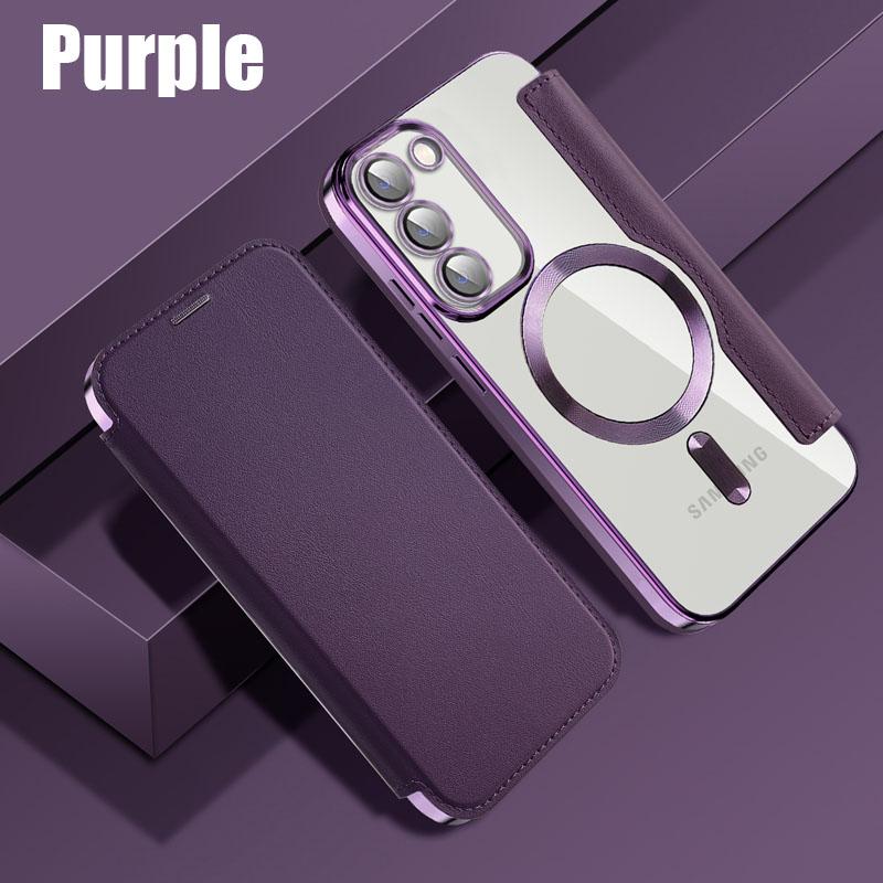 Leather Flip Cover Electroplat Silicone TPU Case For Samsung Galaxy S23 Ultra Plus Magnetic Wireless Charging Lens Glass Film