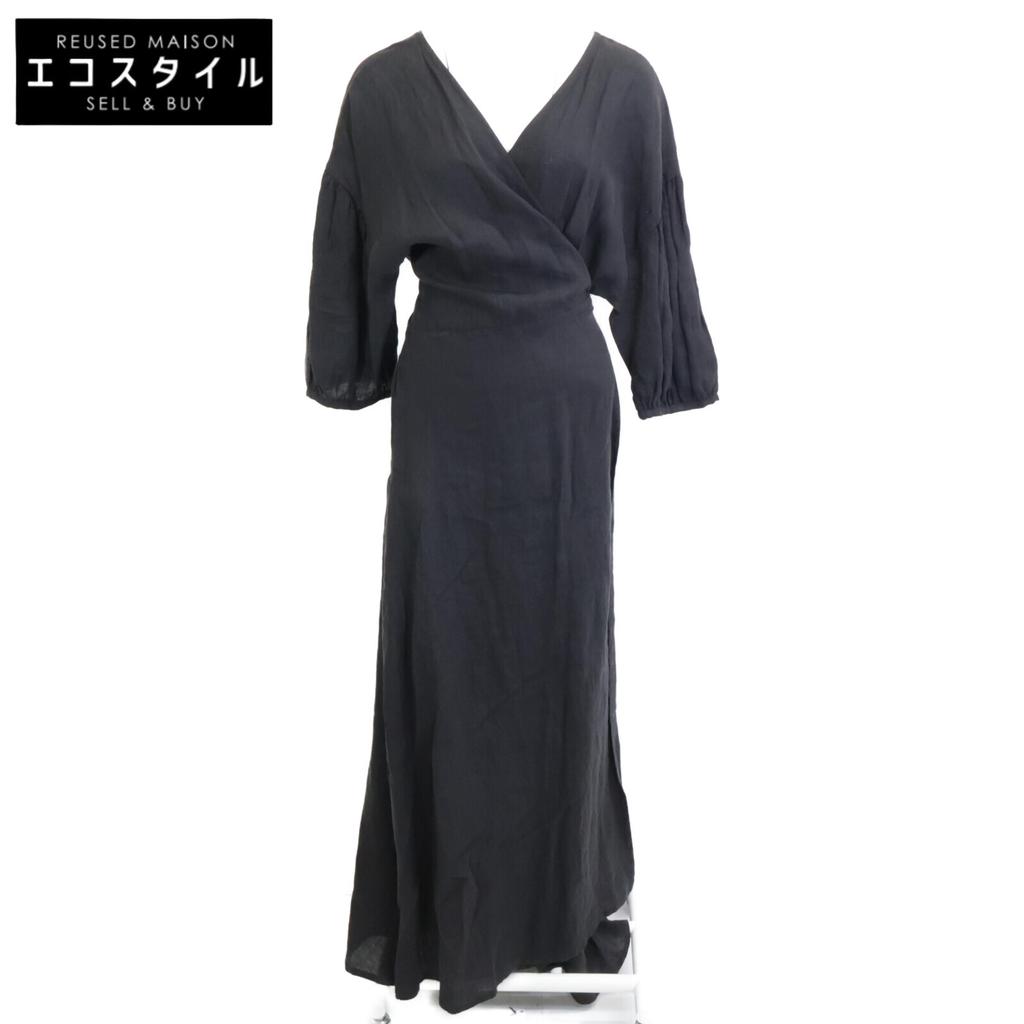 L'Appartement 20-040-560-00004 Black Linen Wrap Dress Dress Not Written blackUsed