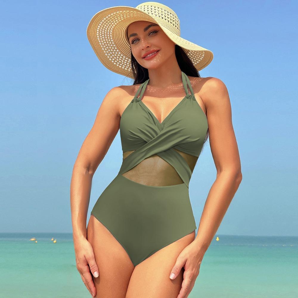 European and American One-piece Swimsuit Women's Solid Color Mesh Bikini Swimwear