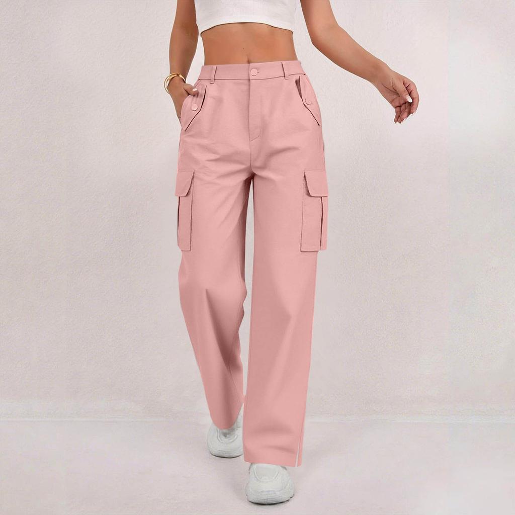 Women's Fashion Relaxed-Fit Pocket Straight-Leg Pants Sporty Wide-Leg Pants High-Waisted Casual Cropped Pants